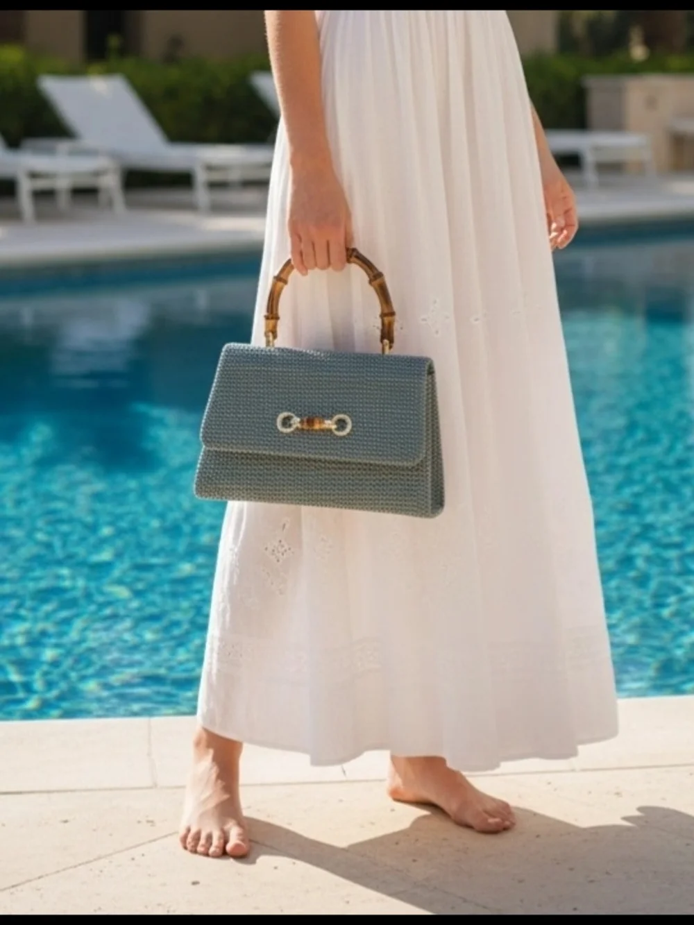 Woven Top-Handle Satchel in Teal with Bamboo Handle - Picture 1 of 3